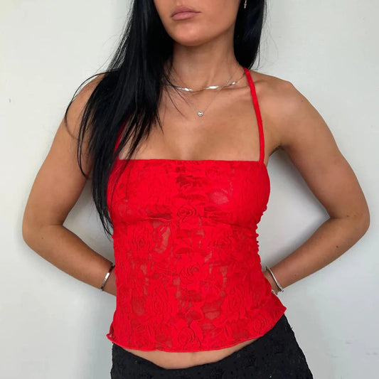 Elevate your wardrobe with the stunning Gaono Women Lace Camisole in vibrant red. This elegant crop top features delicate lace, a sexy backless design, and cross lacing details, making it perfect for summer outings or evenings out. Crafted from