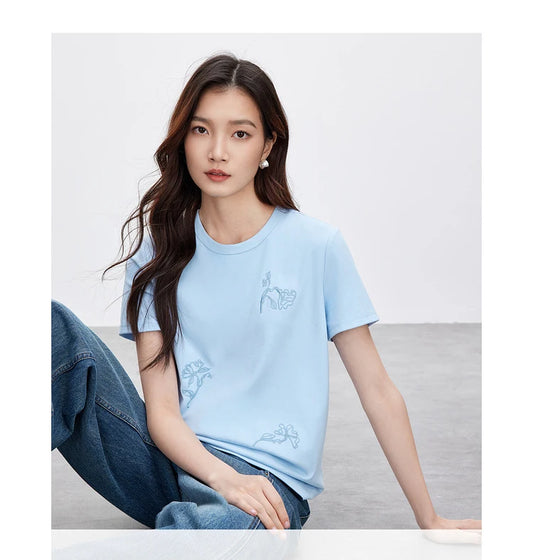 Embroidered Round Neck Short Sleeve Casual T-shirt