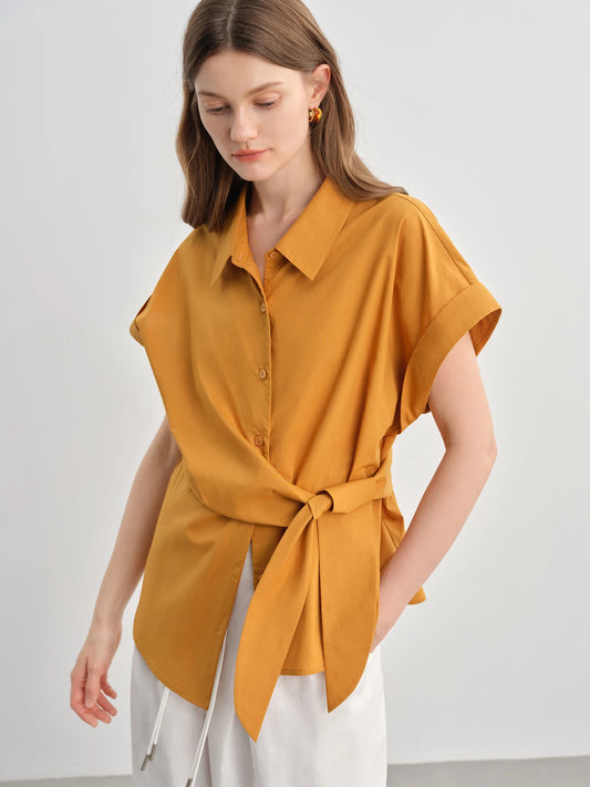 Buckle Short Sleeve Blouse & Fitted Waist Shirt