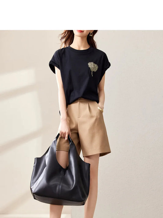 Cotton Black Short Sleeve Round Neck Tee Shirt