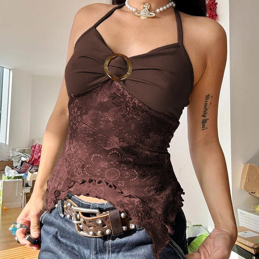 Grunge Fairycore Printed Halter Crop Top