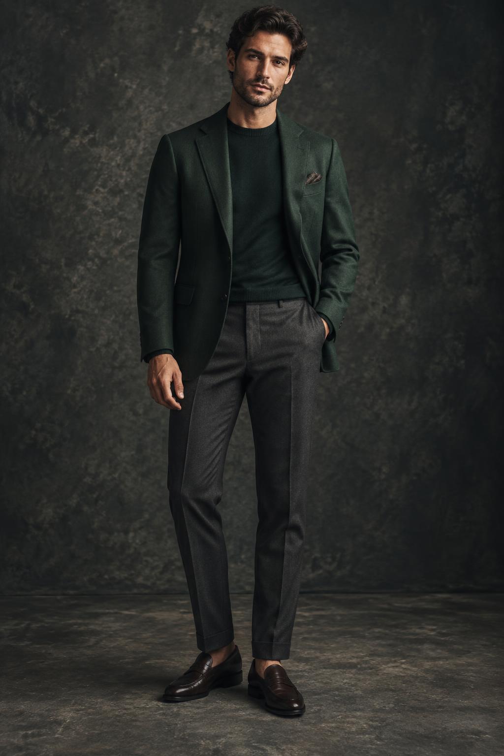 Model in a tailored forest-green blazer and charcoal trousers