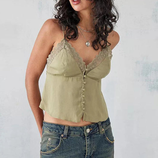 Elevate your summer style with the Gaono Women Sleeveless Camisole Tank Top, designed with a chic ruffle V-neck and delicate lace trim. Crafted from a soft cotton and spandex blend, this tank ensures all-day comfort while keeping you