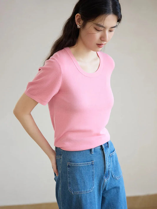 Casual Round Neck Knit T-shirt & Solid Tees