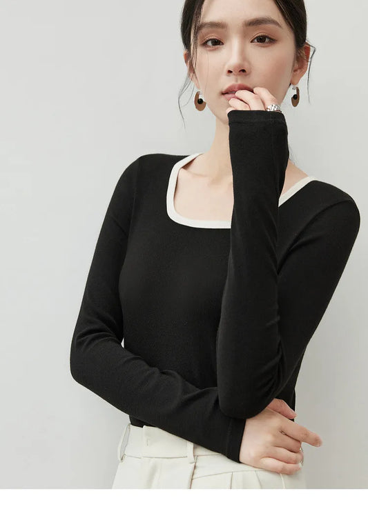 Patchwork Square Neck Long Sleeve Knit Top