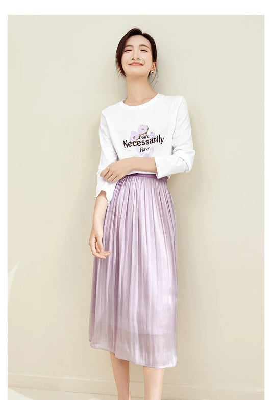 Elegant A-line Midi Skirt & Print Knit T-shirt Set