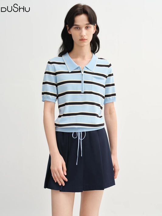 Contrast Stripe Knit Top & Structured Collar