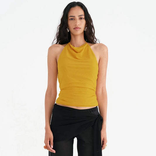 Backless Pleated Mesh Hanging Neck Sexy Top