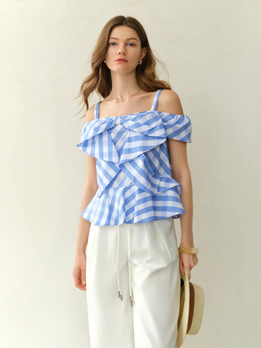 Asymmetric Checkered Blouse & Slim-Fit Design