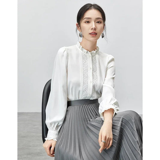 Lace Button Up Long Sleeve White Blouse