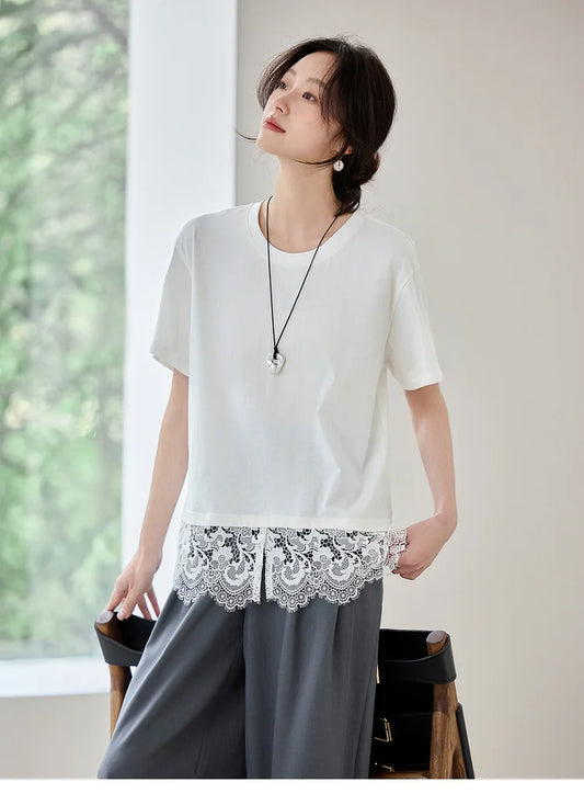 Lace Slit Loose Fit O Neck T-shirt & Tee