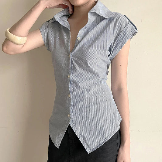 Chic Curved Hem Striped Button-Up Blouse