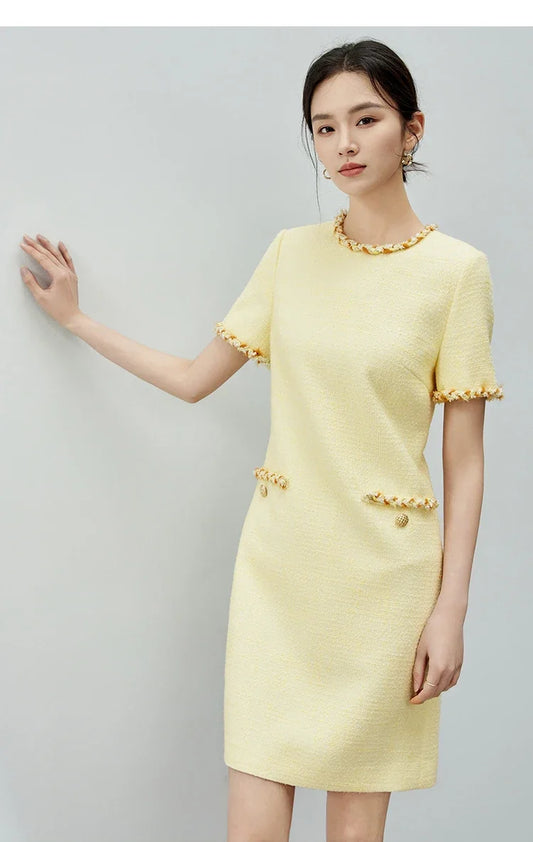 Tweed Short Sleeve Dress with Contrast Neckline