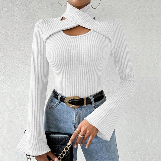 Korean Cut-Out Long Sleeve High-Neck T-Shirt