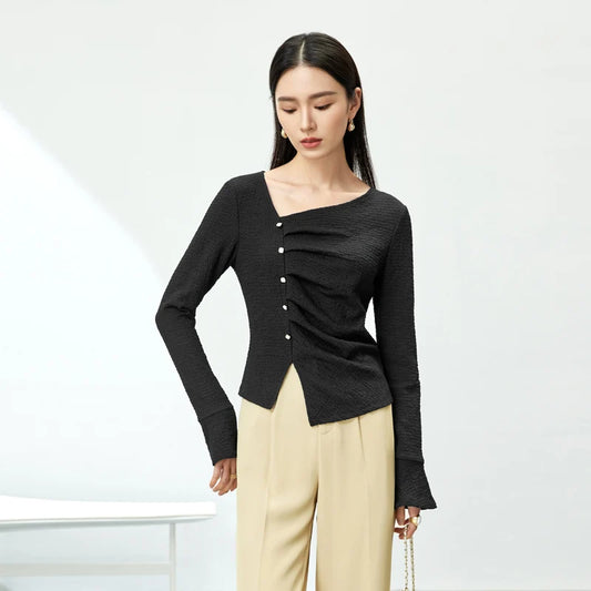 Elegant Knitted Pullover Top with Split Hem & Folds