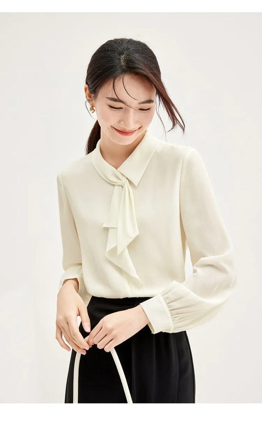 Elegant Bow Neck Chiffon Blouse & Long Sleeve Top