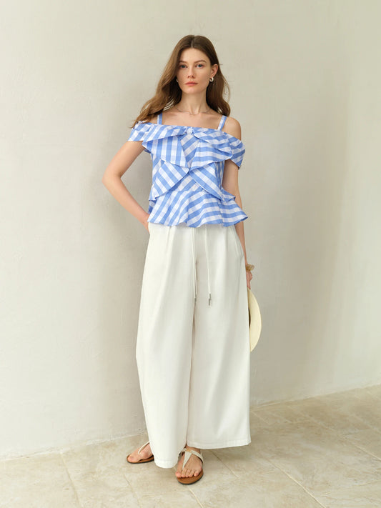 Asymmetric Checkered Blouse & Slim-Fit Design