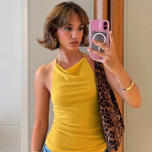 Backless Pleated Mesh Hanging Neck Sexy Top