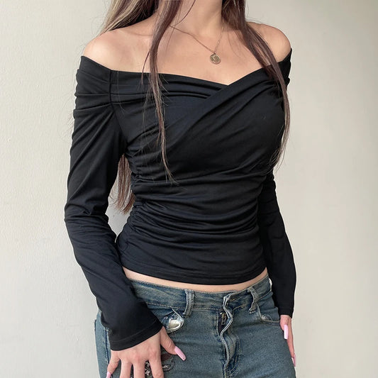 Elegant Cross Square Collar Slimming Long Sleeve Top