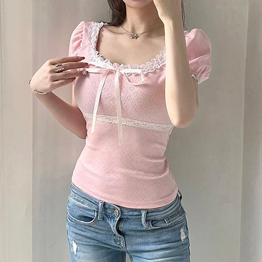 Cute Bow Lace Cropped T-shirt with Heart Pattern