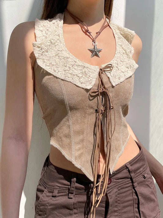 Vintage Lace Halter Corset Crop Top & Patchwork Design