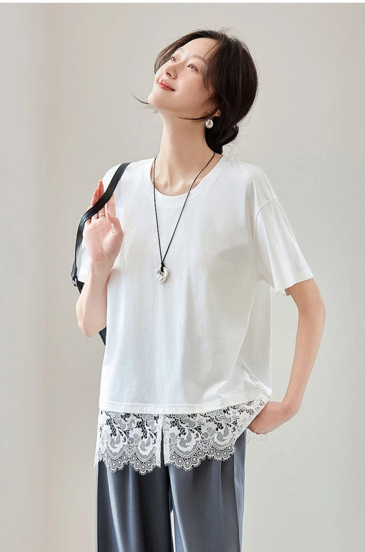 Lace Slit Loose Fit O Neck T-shirt & Tee