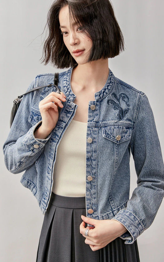 Embroidered Denim Coat & Half Open Collar