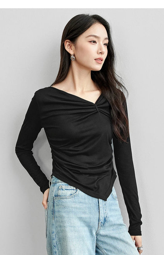 Irregular Knitted Long Sleeve Skew Collar Pullover